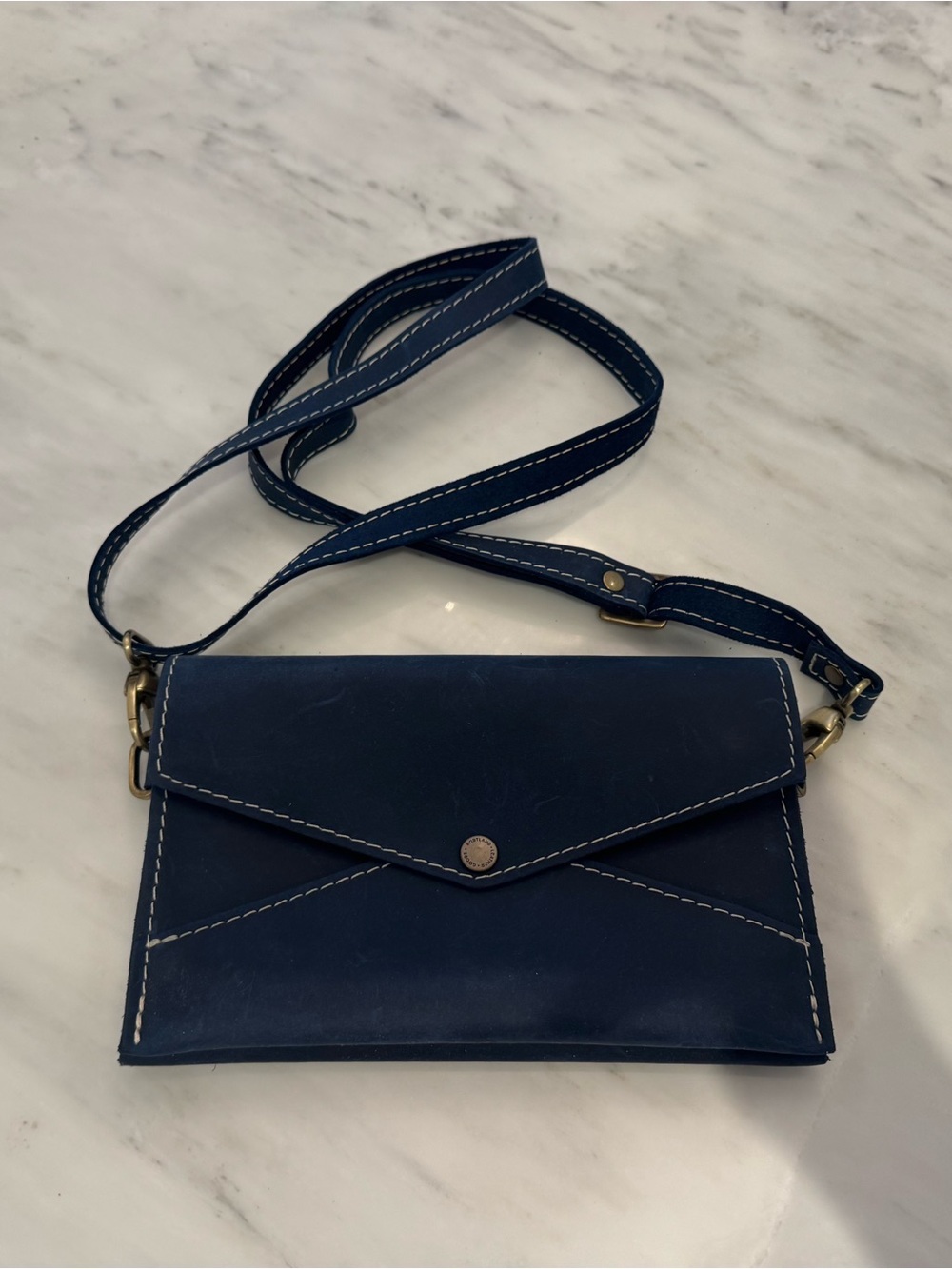 Portland Leather Navy Blue Envelope Crossbody with Contrast Stitching